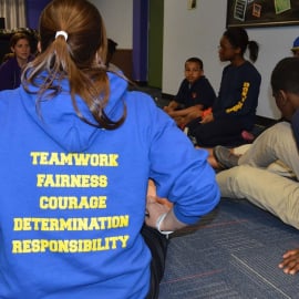 Back of a hoodie with 5 words on it: teamwork, fairness, courage, determination, and responsibility.